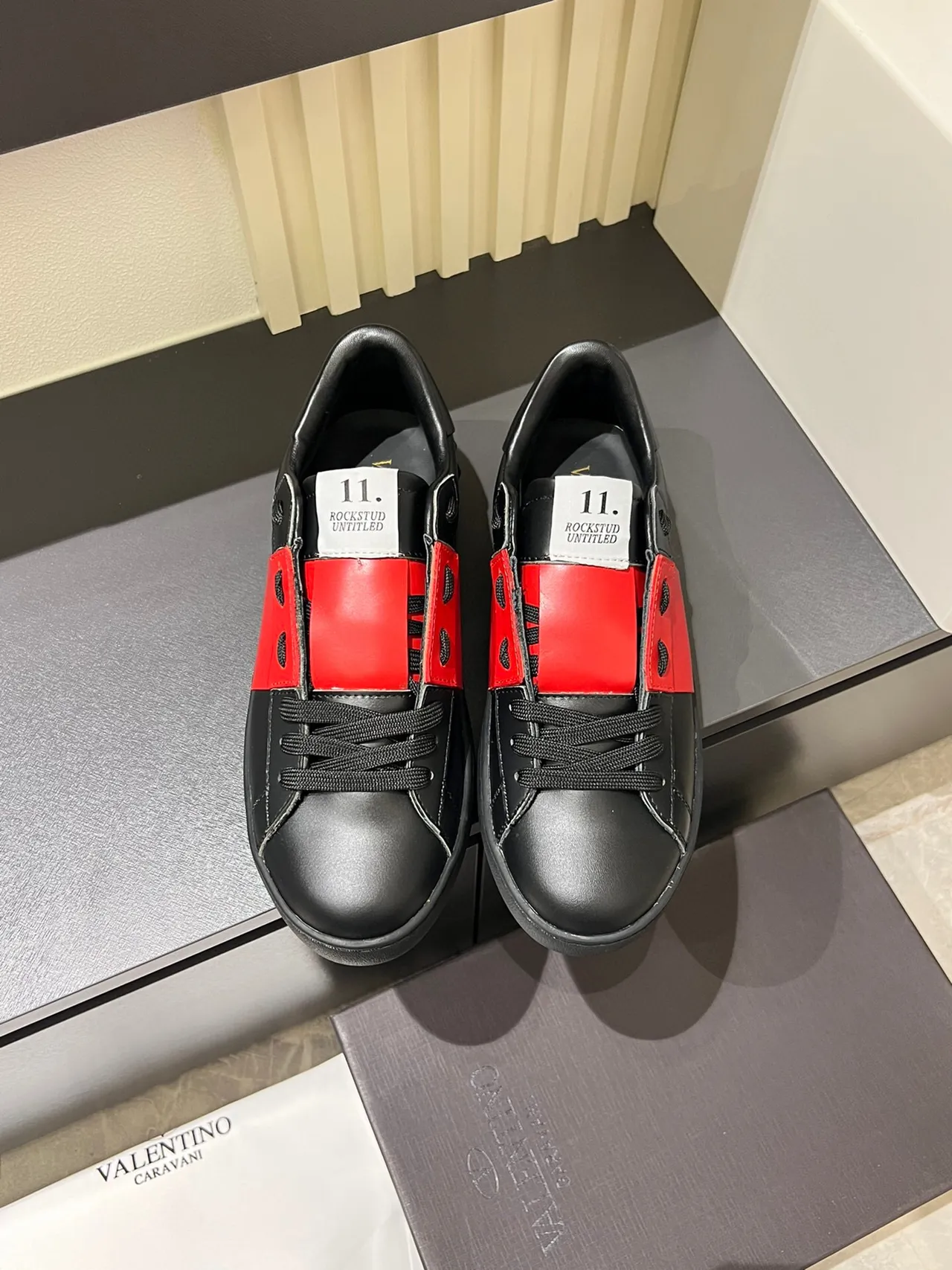 Black and Red Leather Strap Platform Sneakers 2