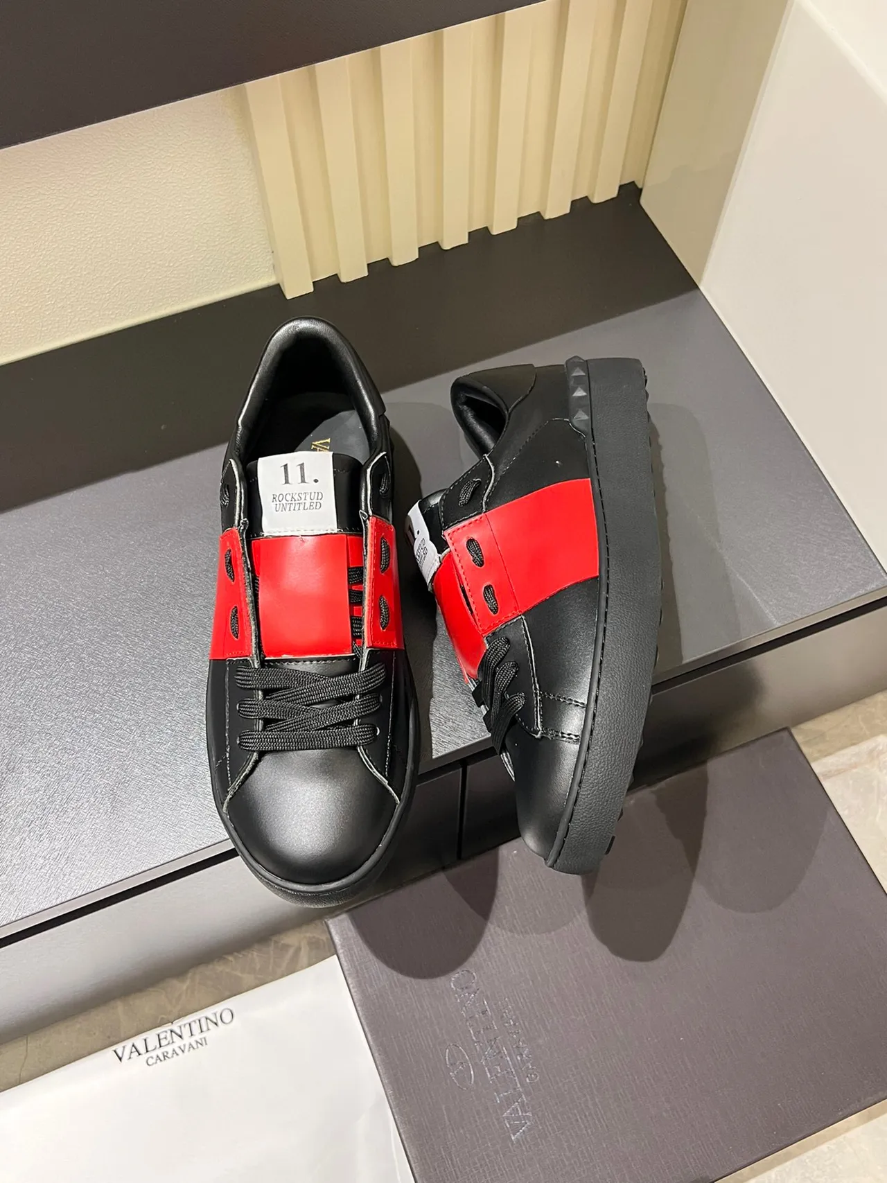 Black and Red Leather Strap Platform Sneakers 4