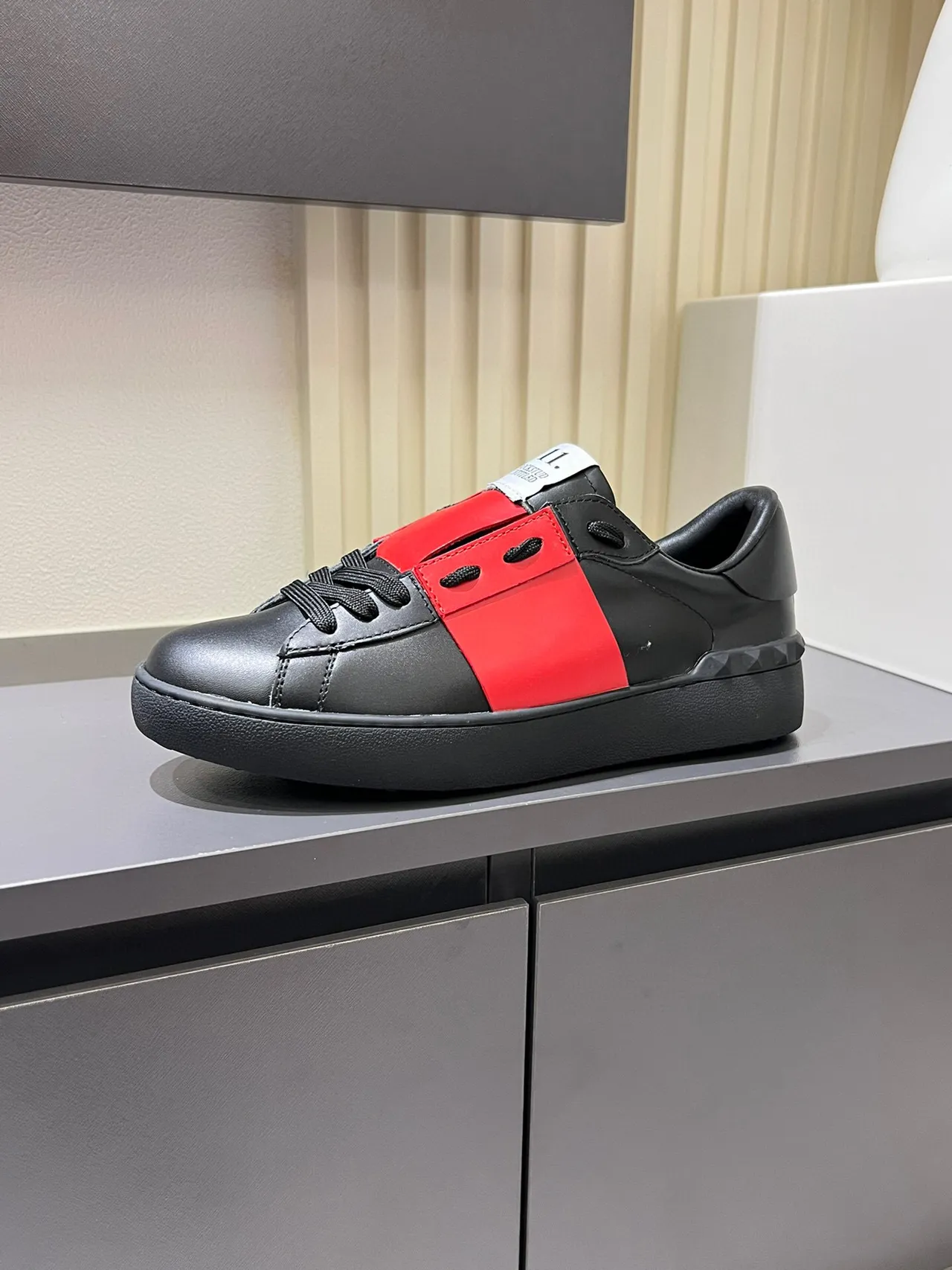 Black and Red Leather Strap Platform Sneakers 5