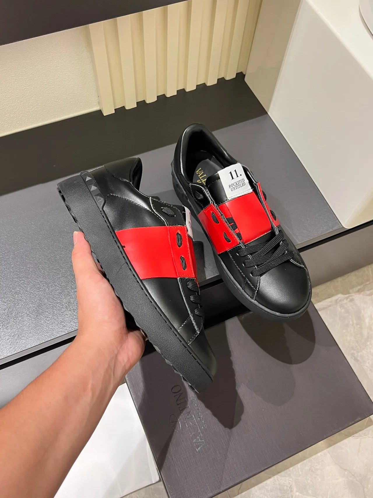 Black and Red Leather Strap Platform Sneakers 6