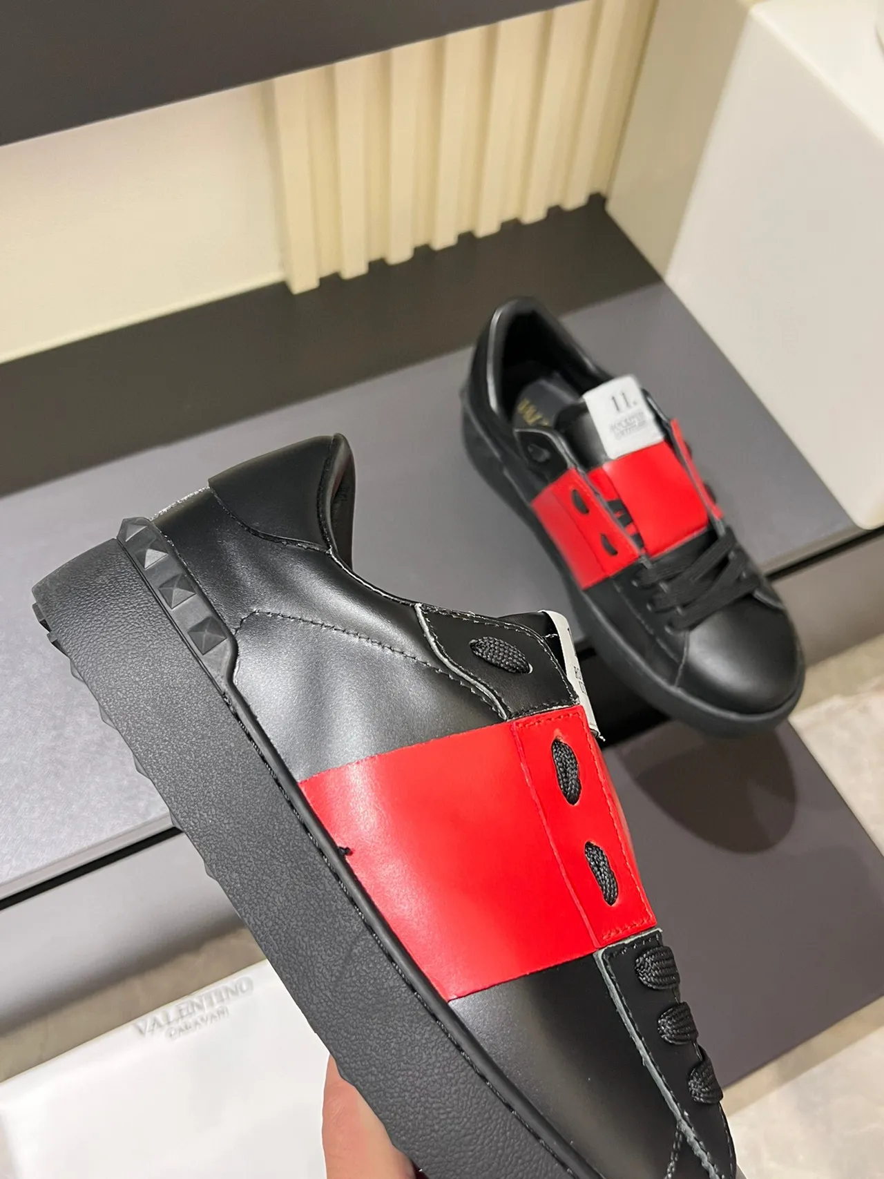 Black and Red Leather Strap Platform Sneakers 7