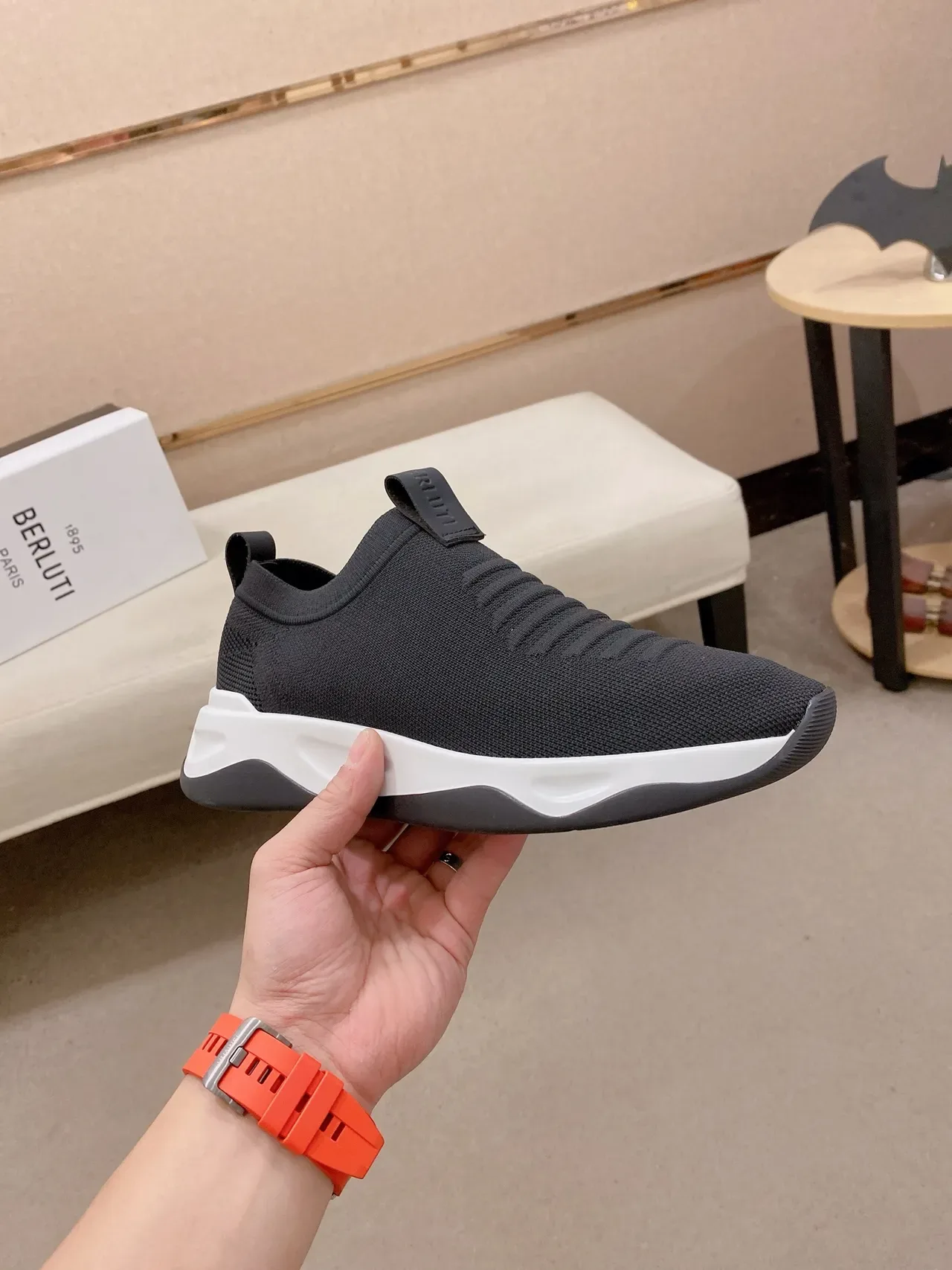 Black and White Slip-On Knit Sneaker 5