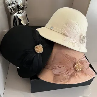 Black Beige Felt Construction Feather Accent Fedora