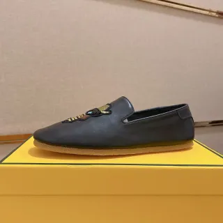 Black Beige Leather Embroidered Vamp Motif Loafer