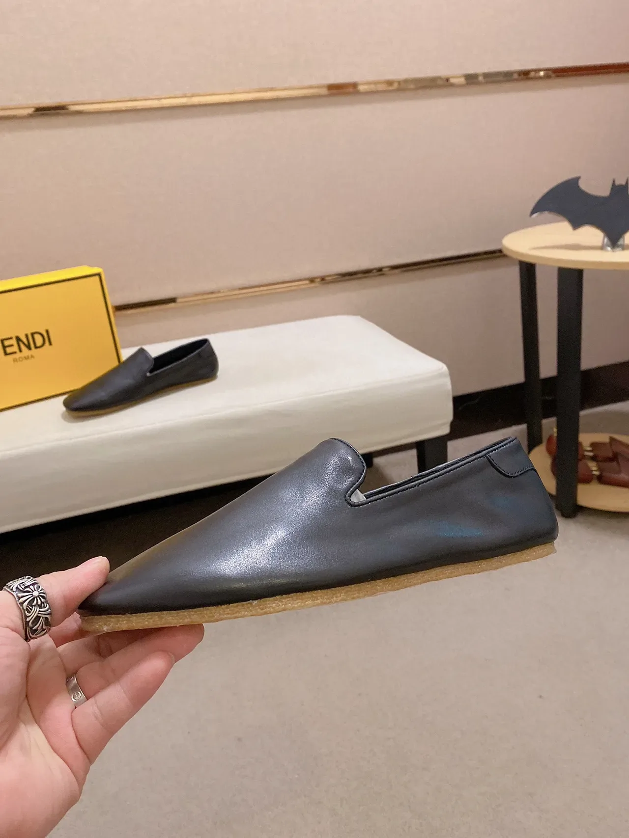 Black Beige Smooth Leather Slip-On Loafer 7