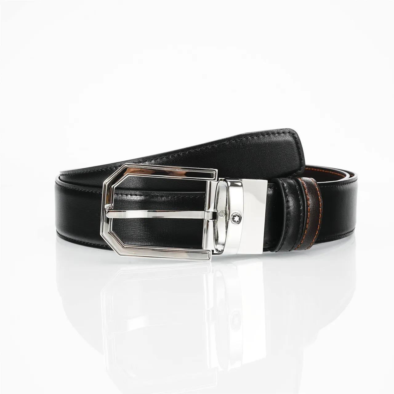 Black Brown Smooth Polished Silver-Tone Octagonal Buckle Leather Belt 1
