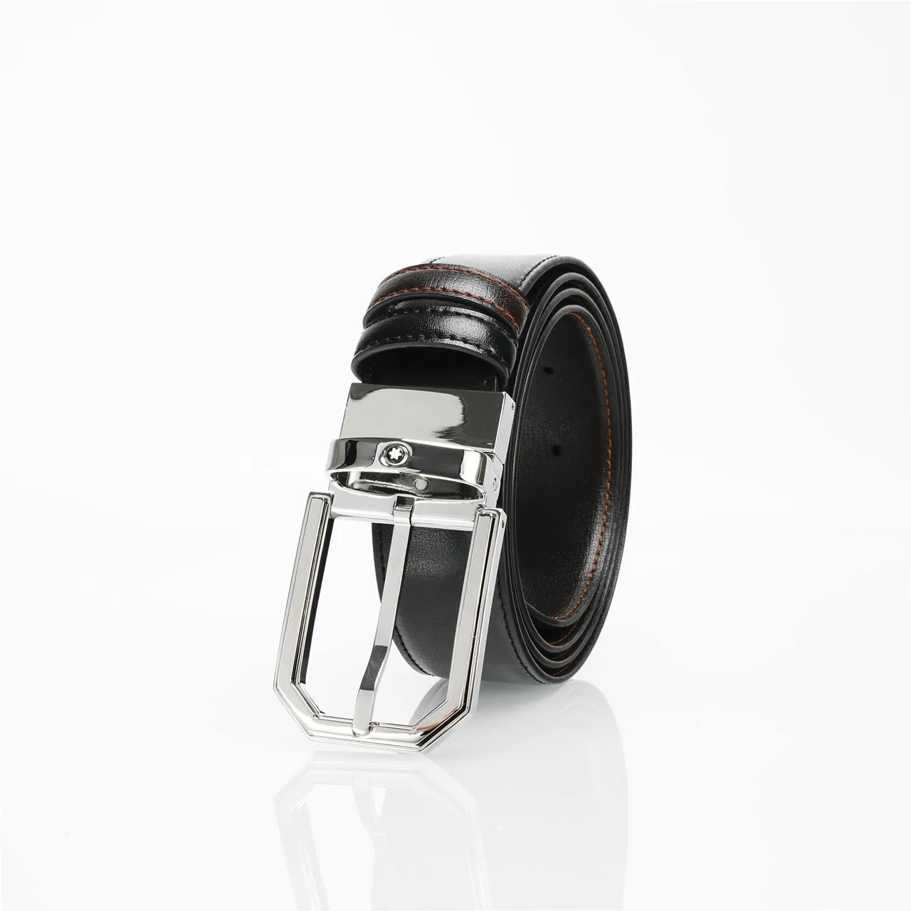 Black Brown Smooth Polished Silver-Tone Octagonal Buckle Leather Belt 5