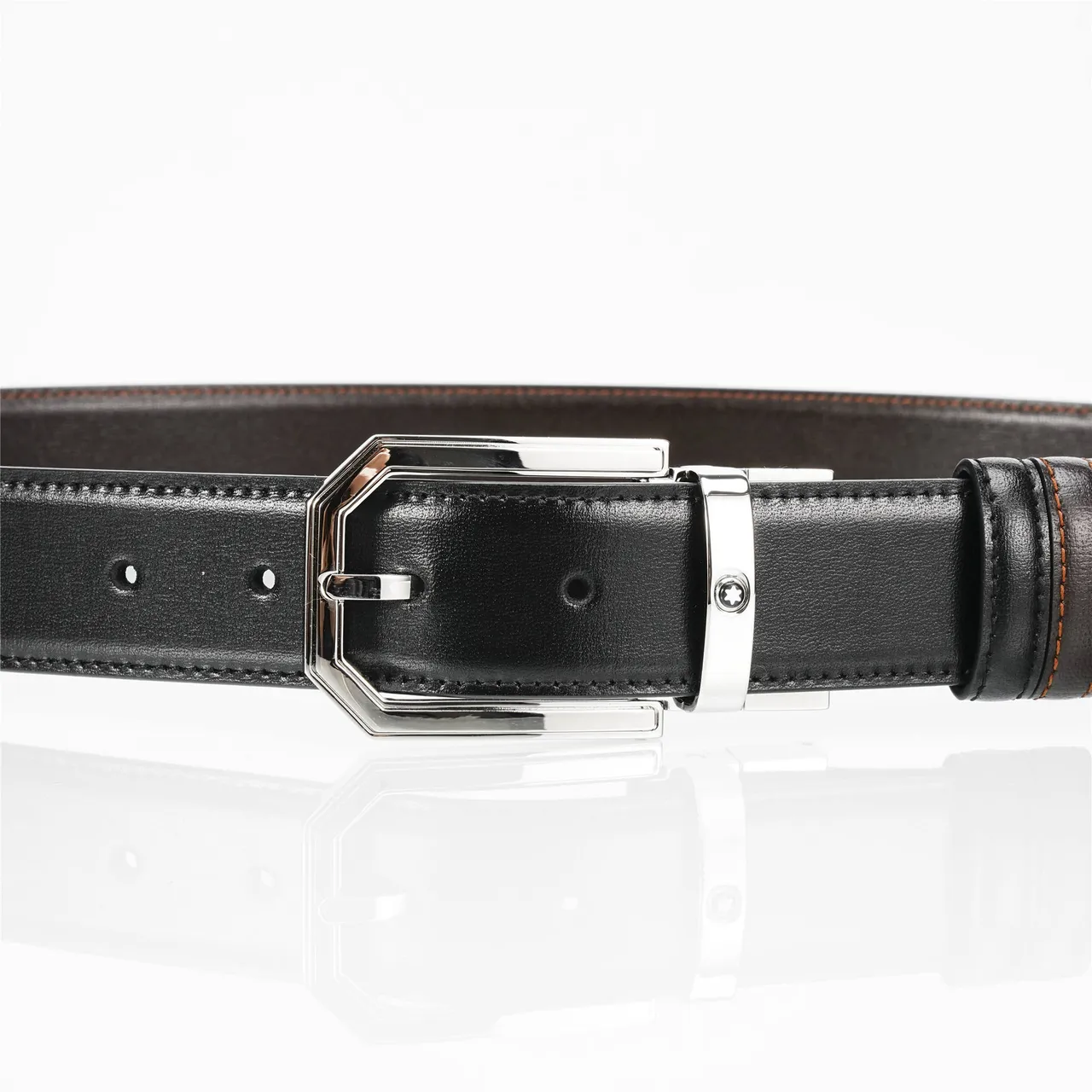 Black Brown Smooth Polished Silver-Tone Octagonal Buckle Leather Belt 6
