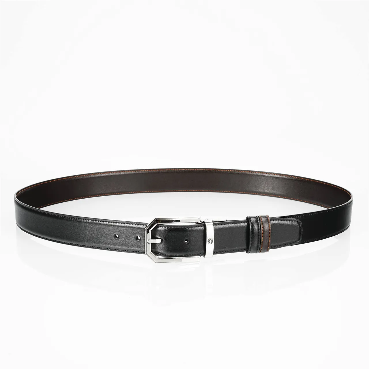 Black Brown Smooth Polished Silver-Tone Octagonal Buckle Leather Belt 7