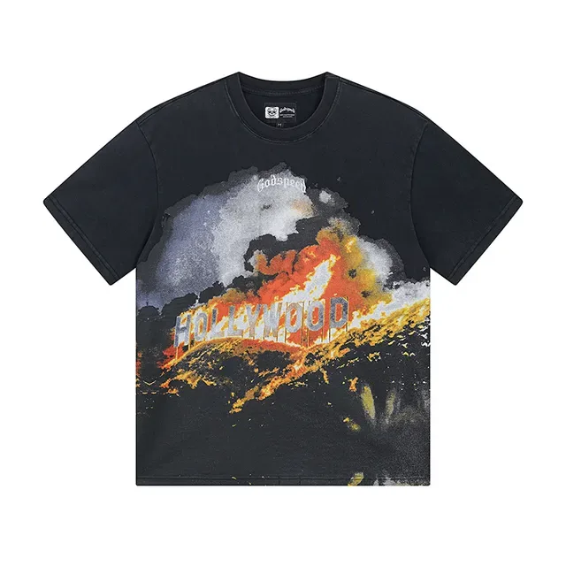 Black Graphic-Print Oversized Double-Sided Flame Motif T-Shirt 2
