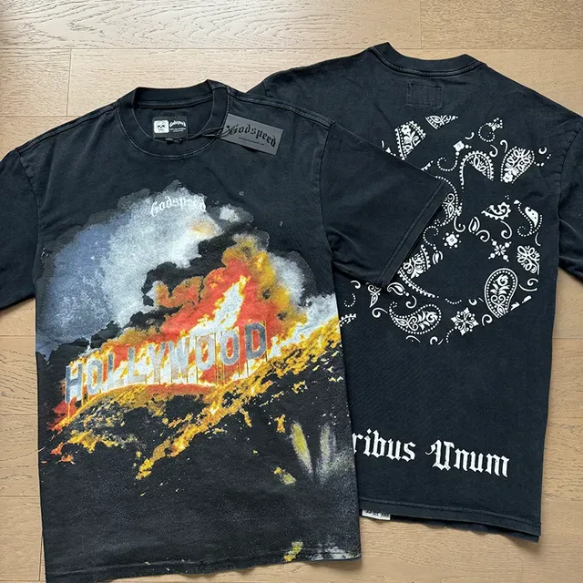 Black Graphic-Print Oversized Double-Sided Flame Motif T-Shirt 7