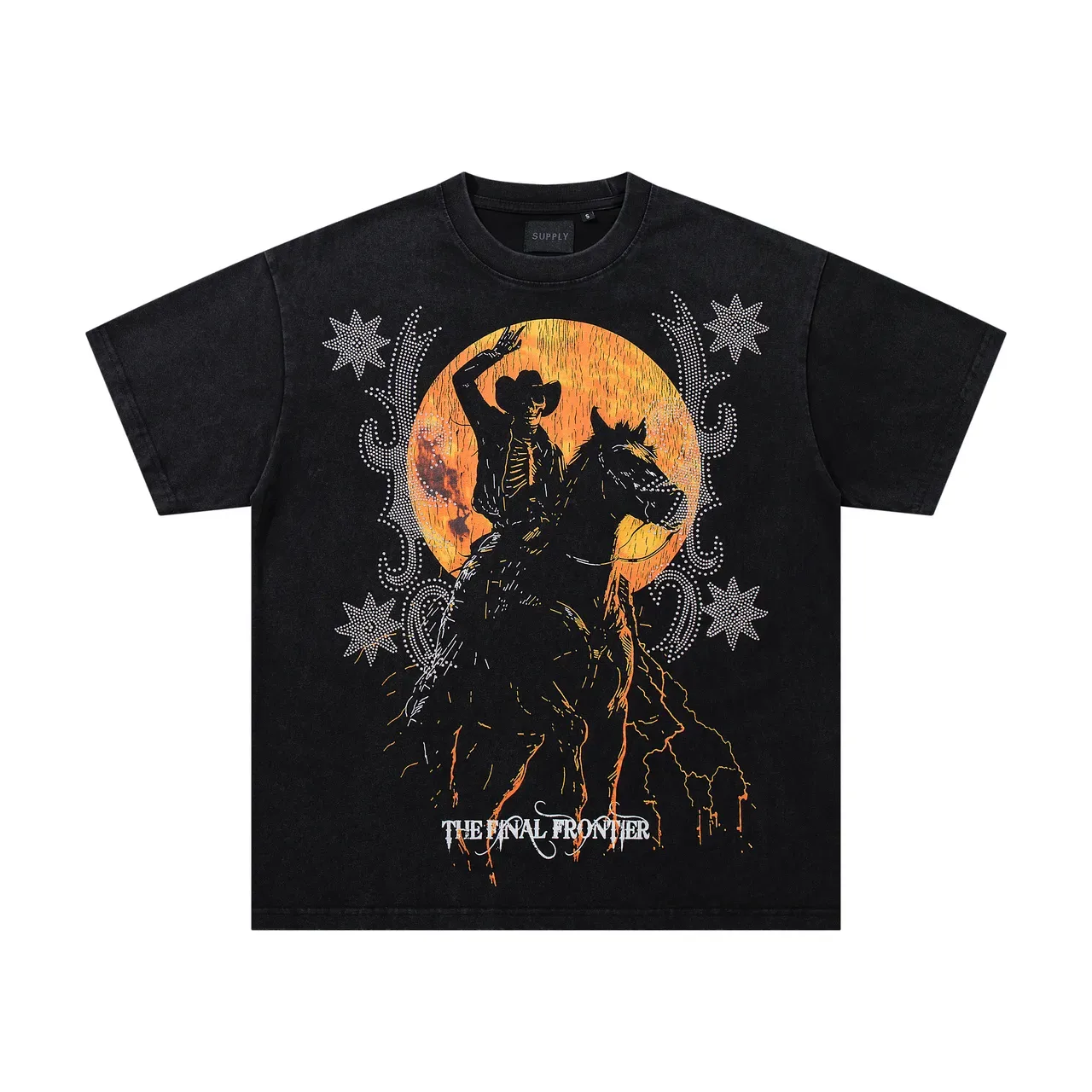 Black Graphic Print Rhinestone Western Motif Oversized T-Shirt 4