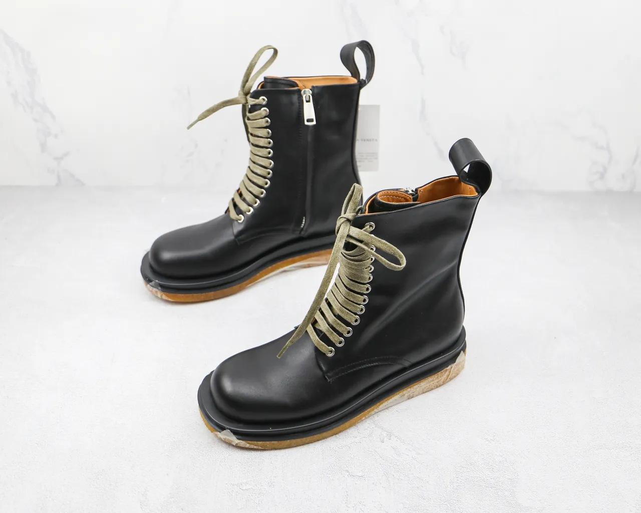 Black Green Smooth Leather Upper Olive Laces Ankle Boots 4