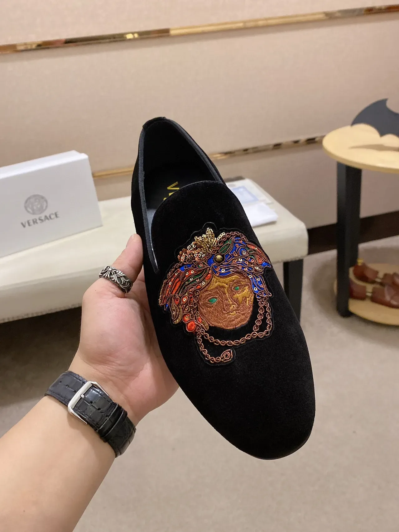 Black Multicolor Velvet Embroidered Medusa-Style Motif Loafer 2