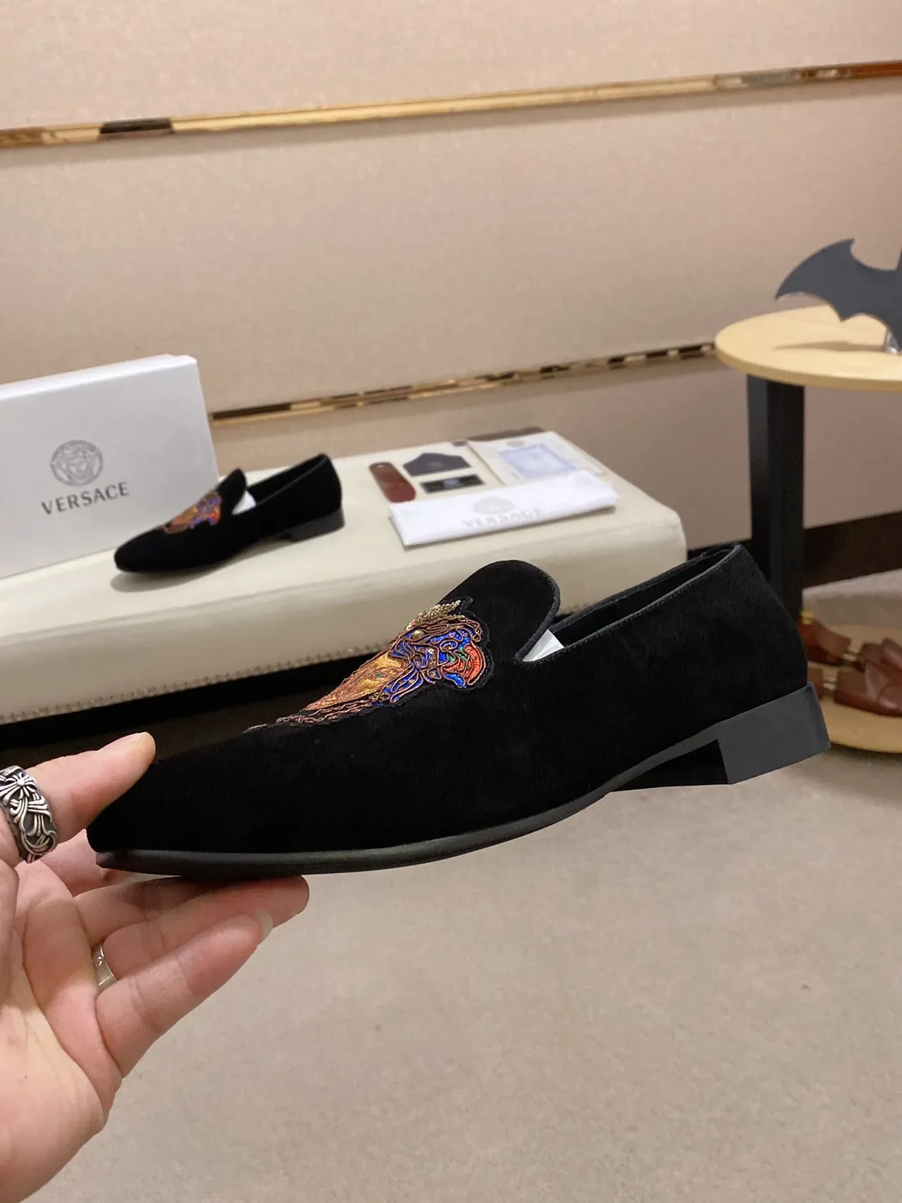Black Multicolor Velvet Embroidered Medusa-Style Motif Loafer 9