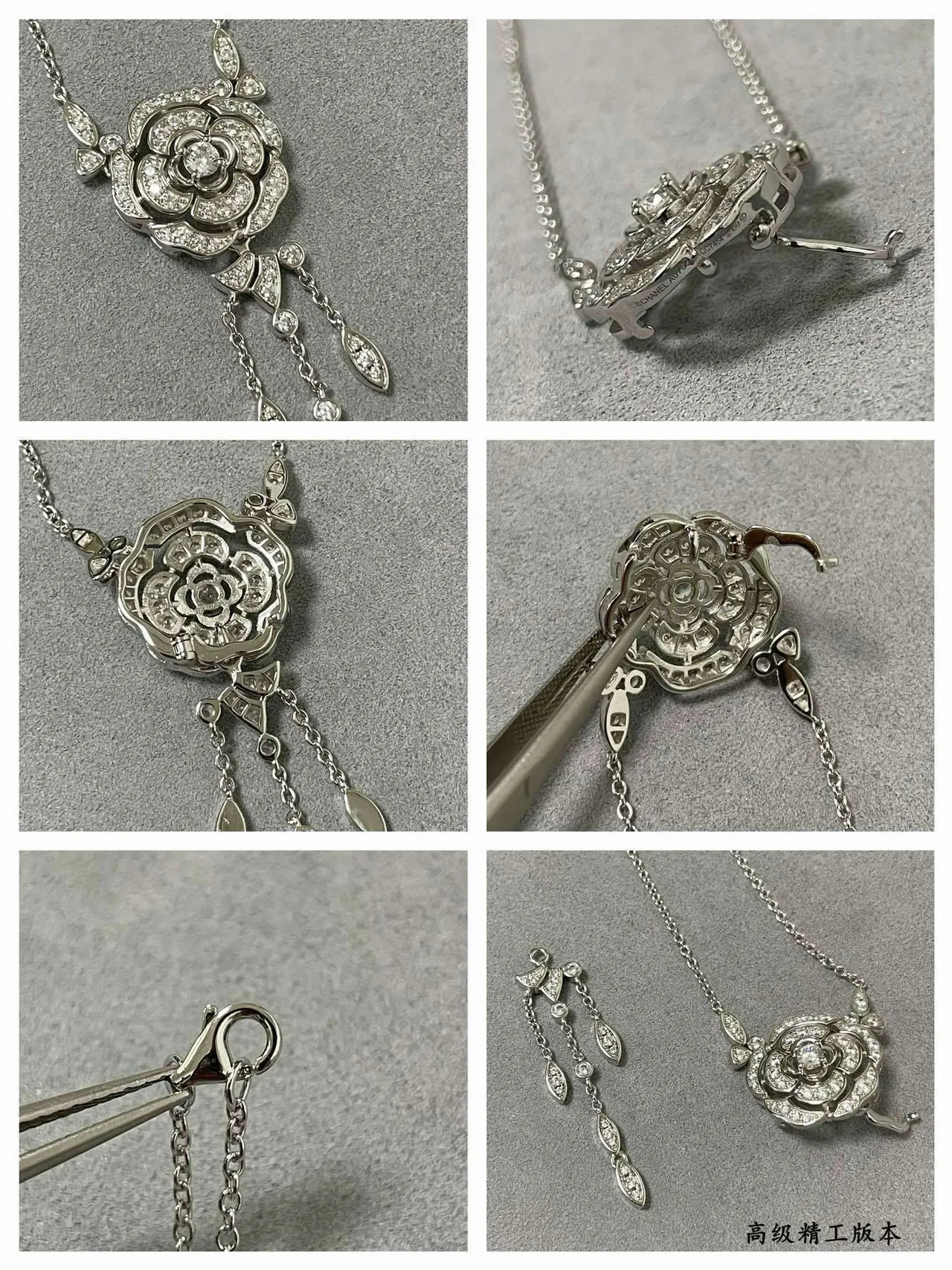 Black Silver Floral Rose Pendant Pave-Set Stones Necklace 2