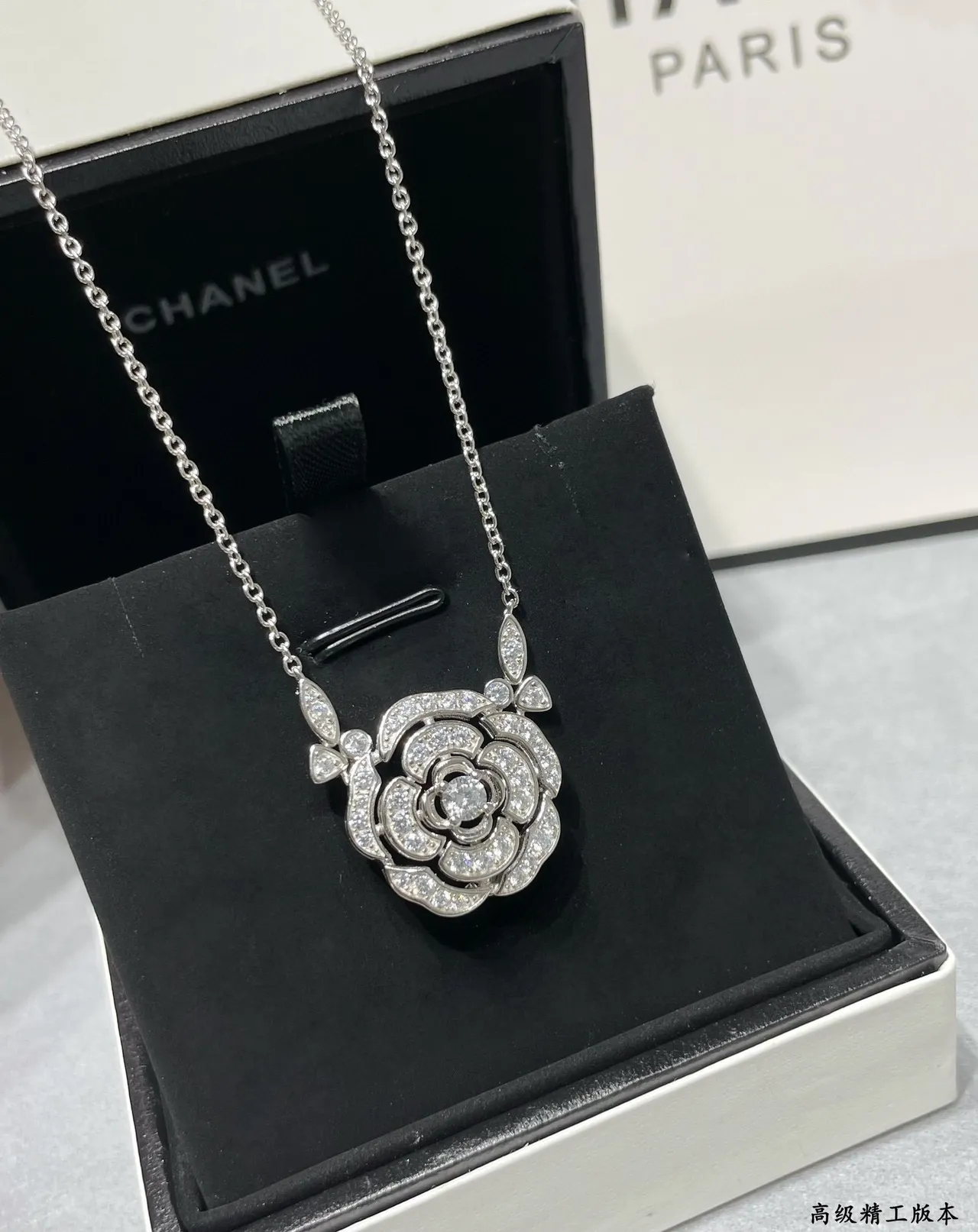 Black Silver Floral Rose Pendant Pave-Set Stones Necklace 3