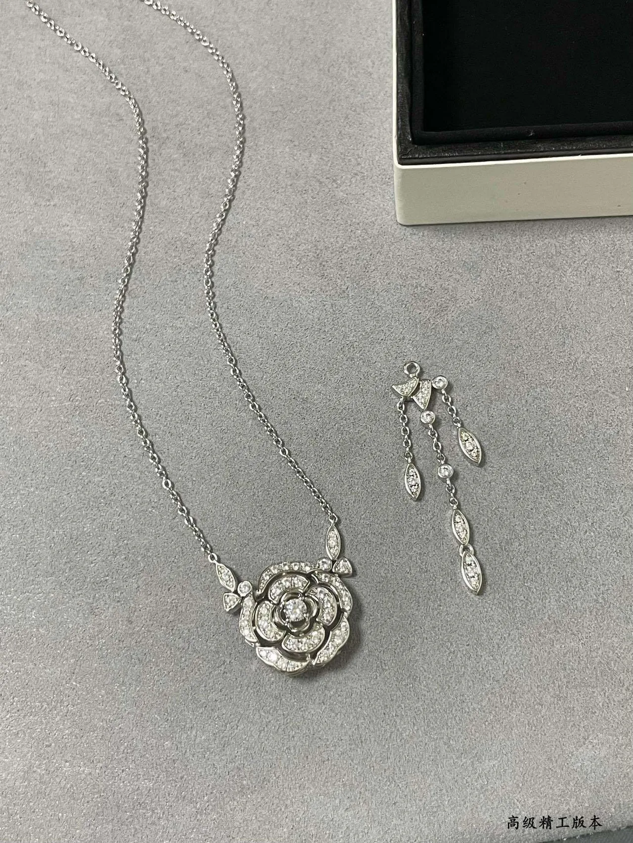 Black Silver Floral Rose Pendant Pave-Set Stones Necklace 5