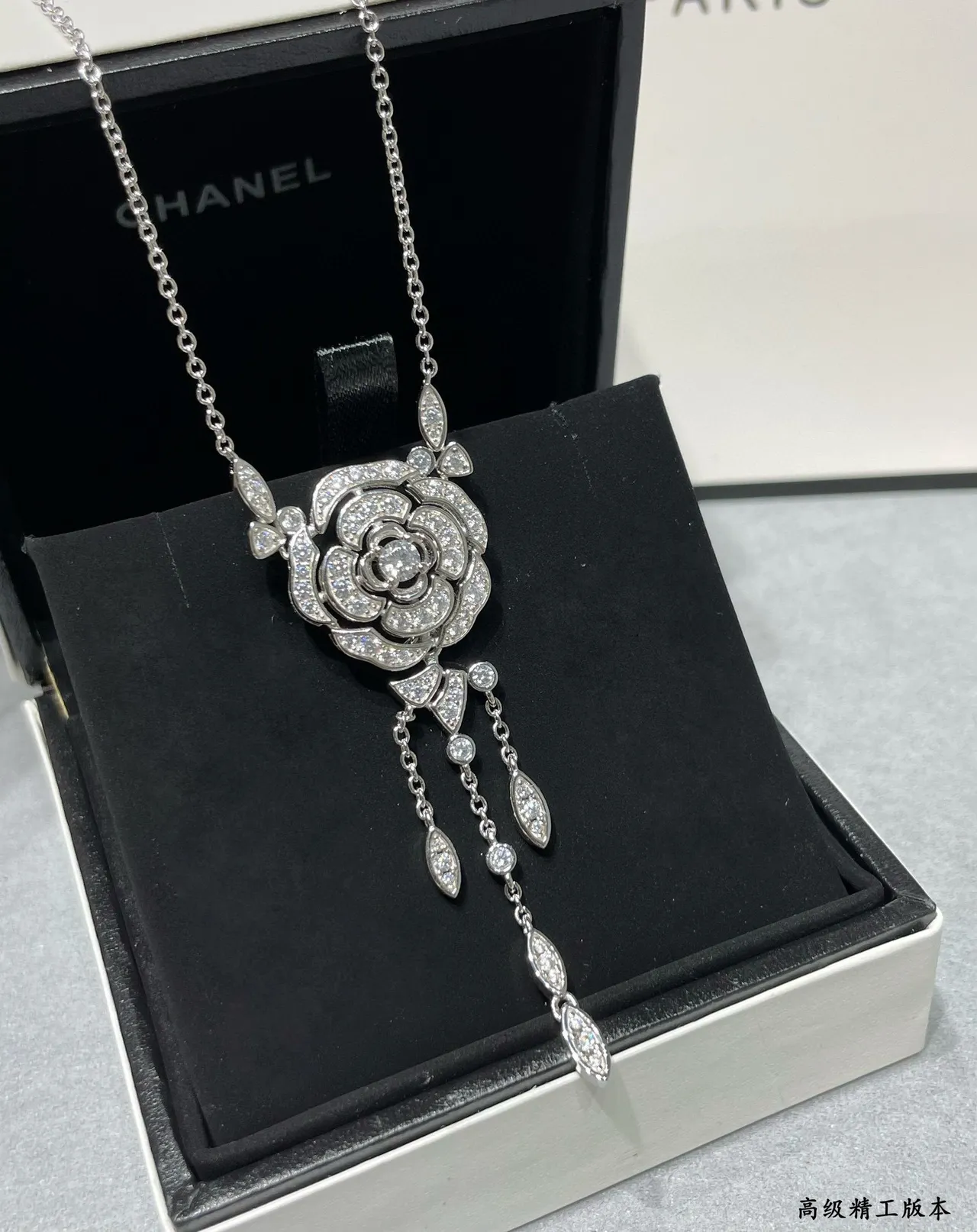 Black Silver Floral Rose Pendant Pave-Set Stones Necklace 7