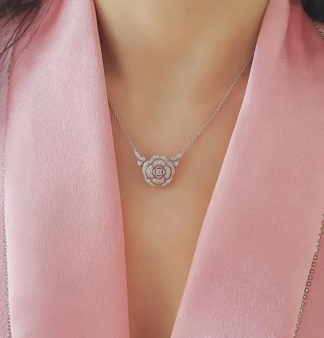 Black Silver Floral Rose Pendant Pave-Set Stones Necklace 8