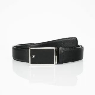 Black Silver Textured Saffiano-Like Rectangular Polished Metal Buckle Leather Belt