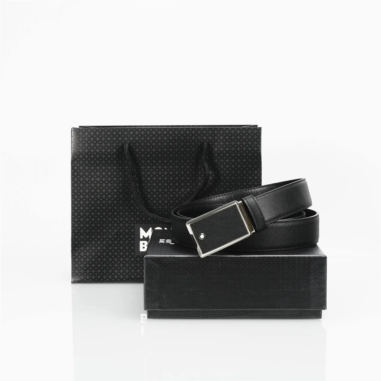 Black Silver Textured Saffiano-Like Rectangular Polished Metal Buckle Leather Belt 4