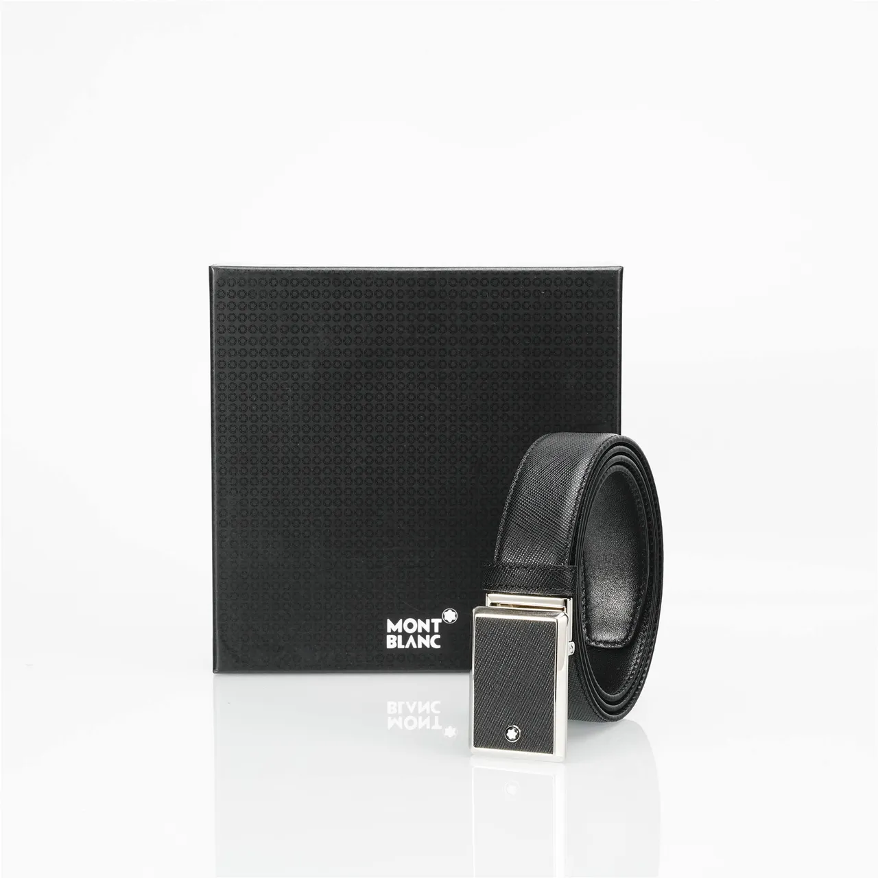 Black Silver Textured Saffiano-Like Rectangular Polished Metal Buckle Leather Belt 5