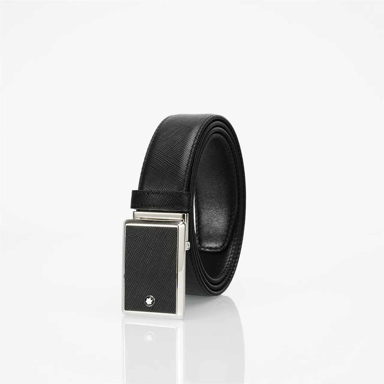 Black Silver Textured Saffiano-Like Rectangular Polished Metal Buckle Leather Belt 6