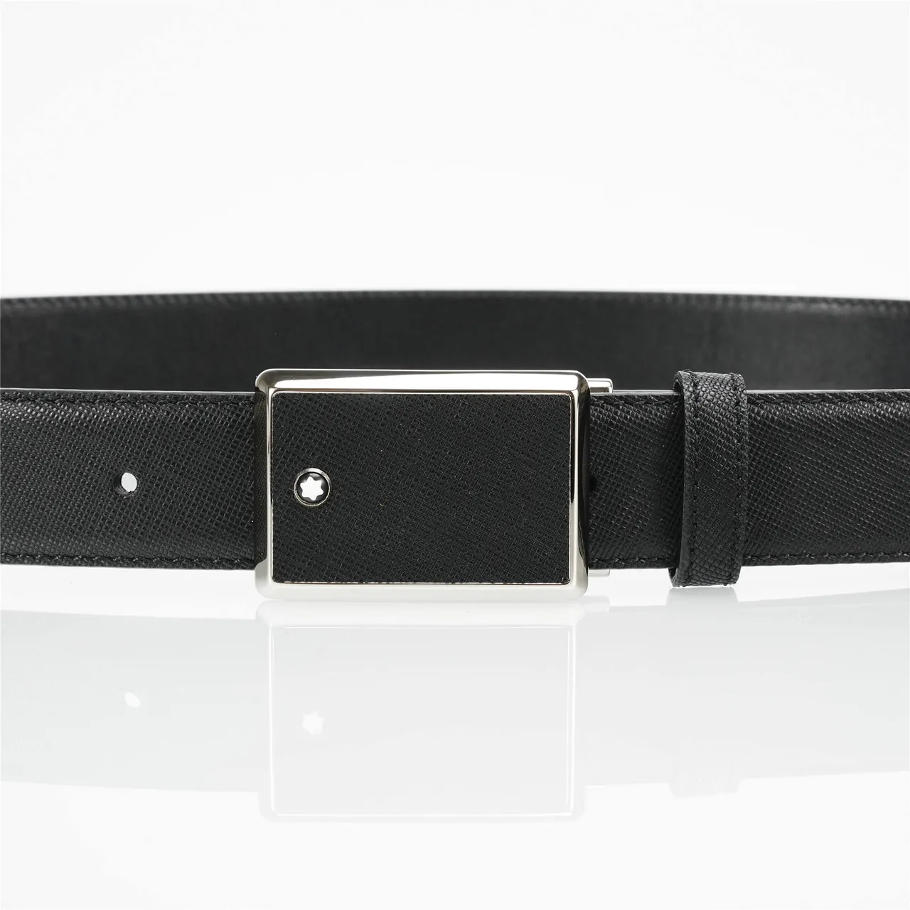Black Silver Textured Saffiano-Like Rectangular Polished Metal Buckle Leather Belt 8