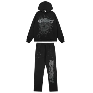 Traje de chándal oversized negro con gráfico de telaraña hoodie y pantalones deportivos