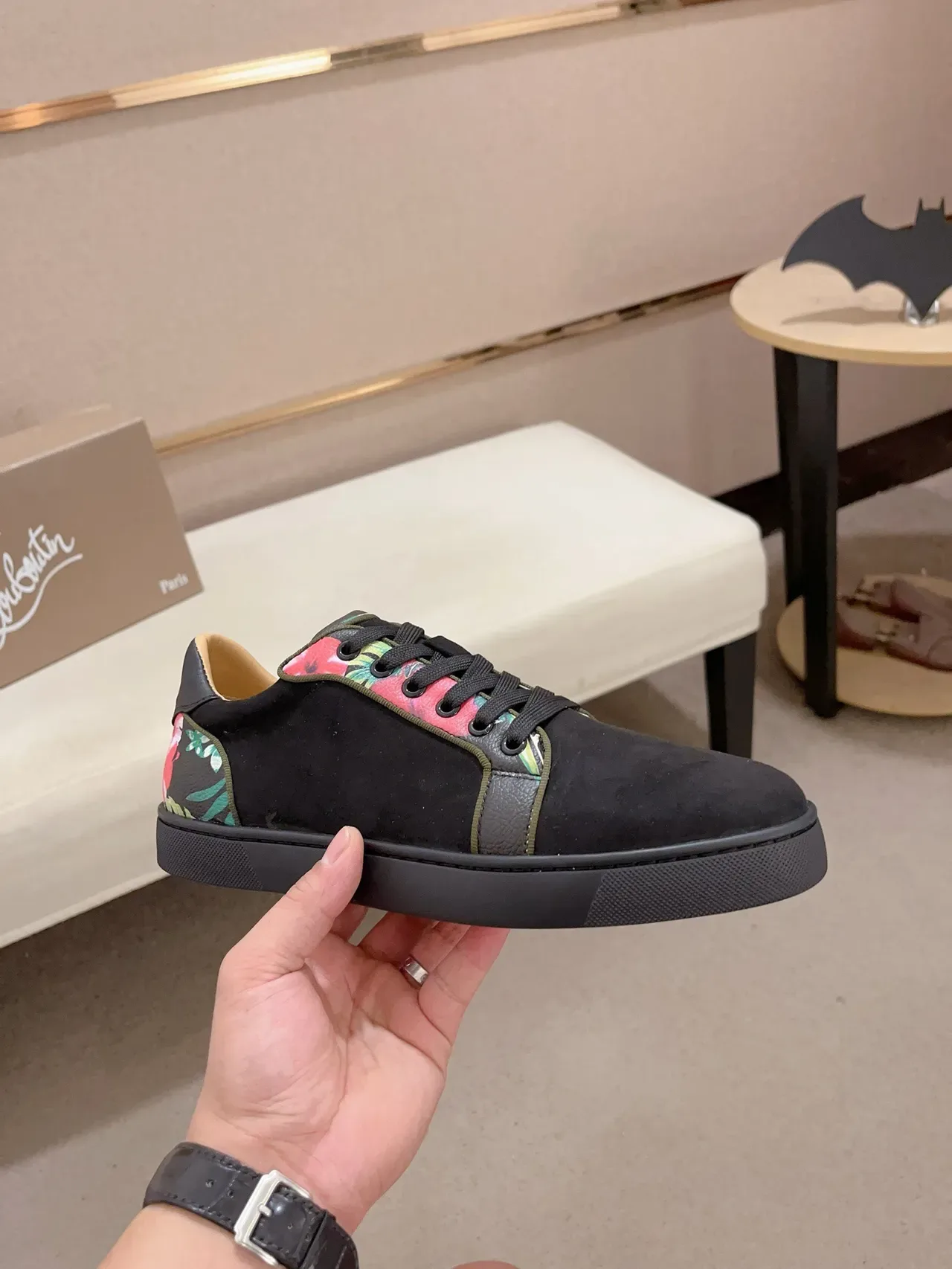 Black Suede and Floral-Print Low-Top Lifestyle Sneakers 4