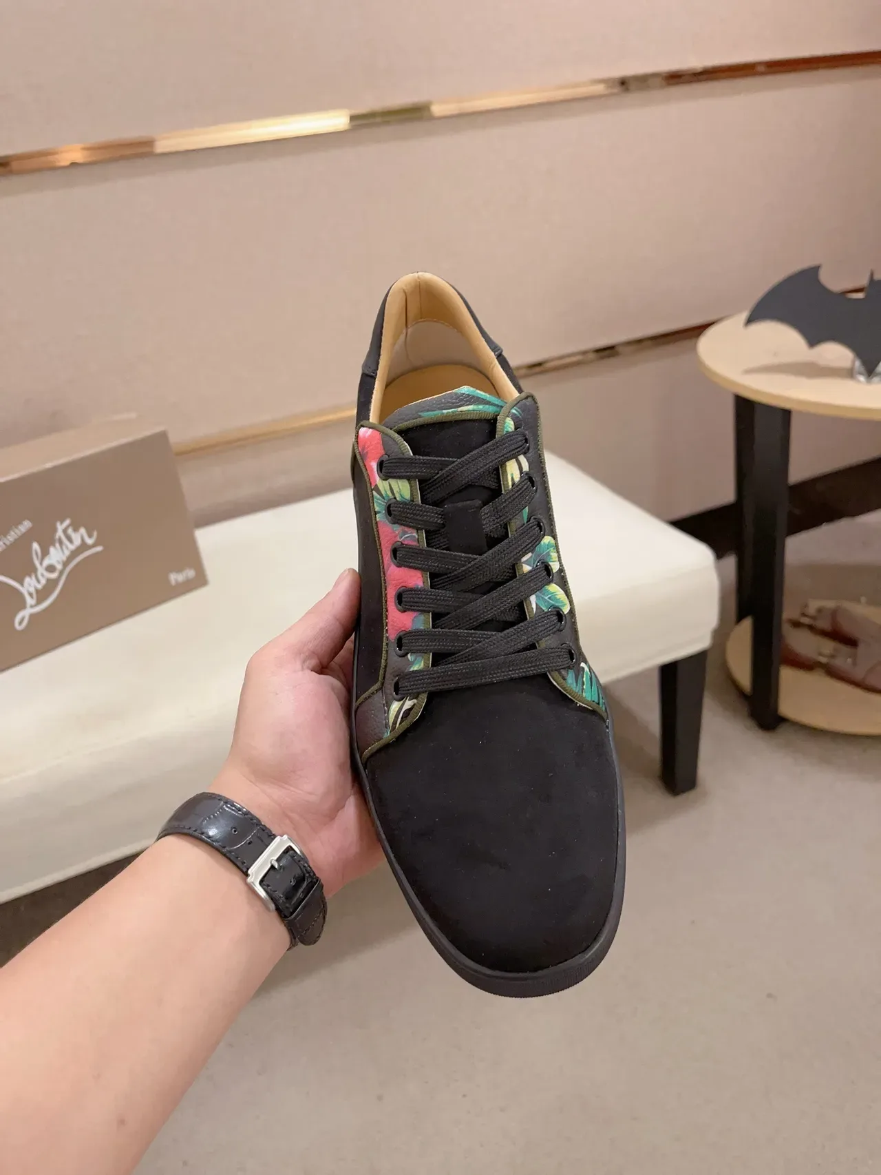 Black Suede and Floral-Print Low-Top Lifestyle Sneakers 5