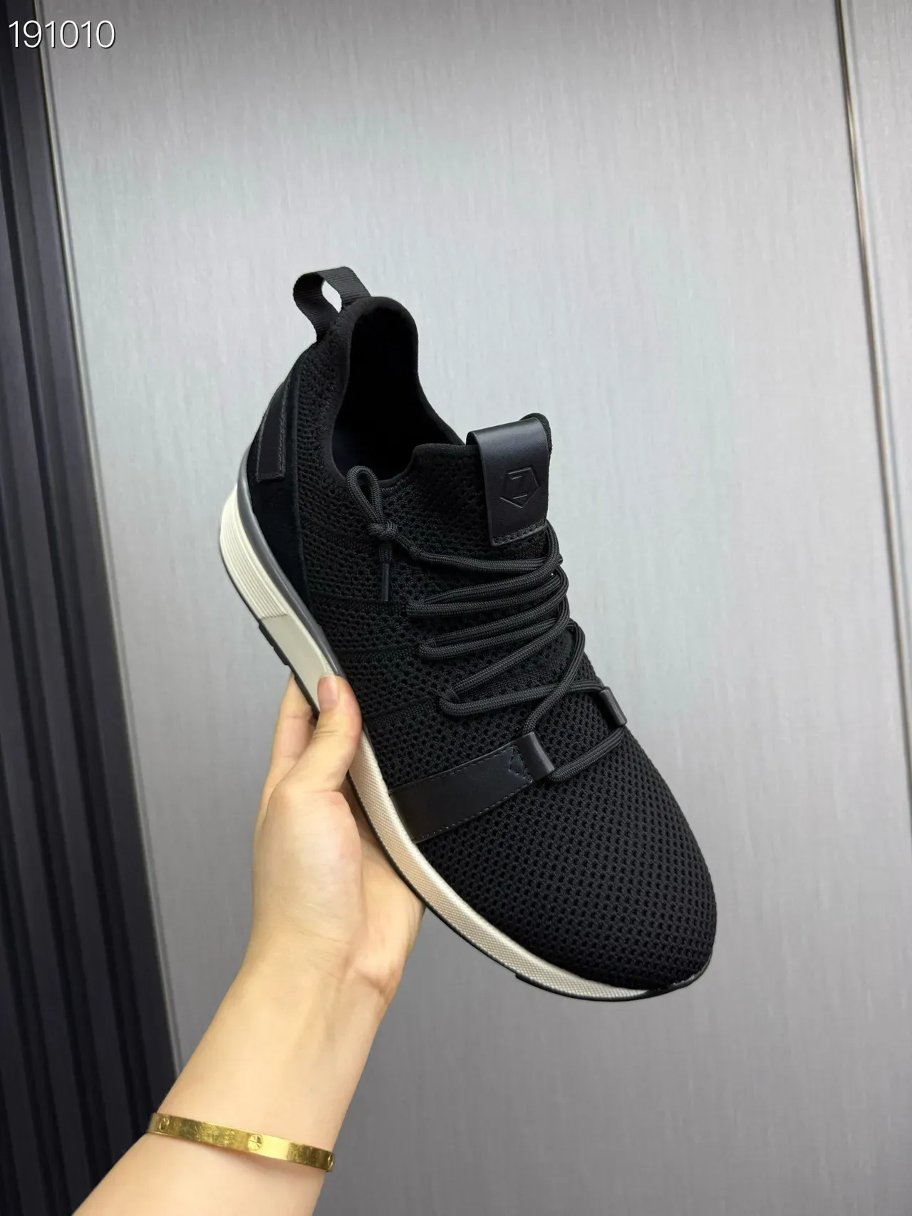 Black White Knit Upper Synthetic Strap Detail Sneakers 5