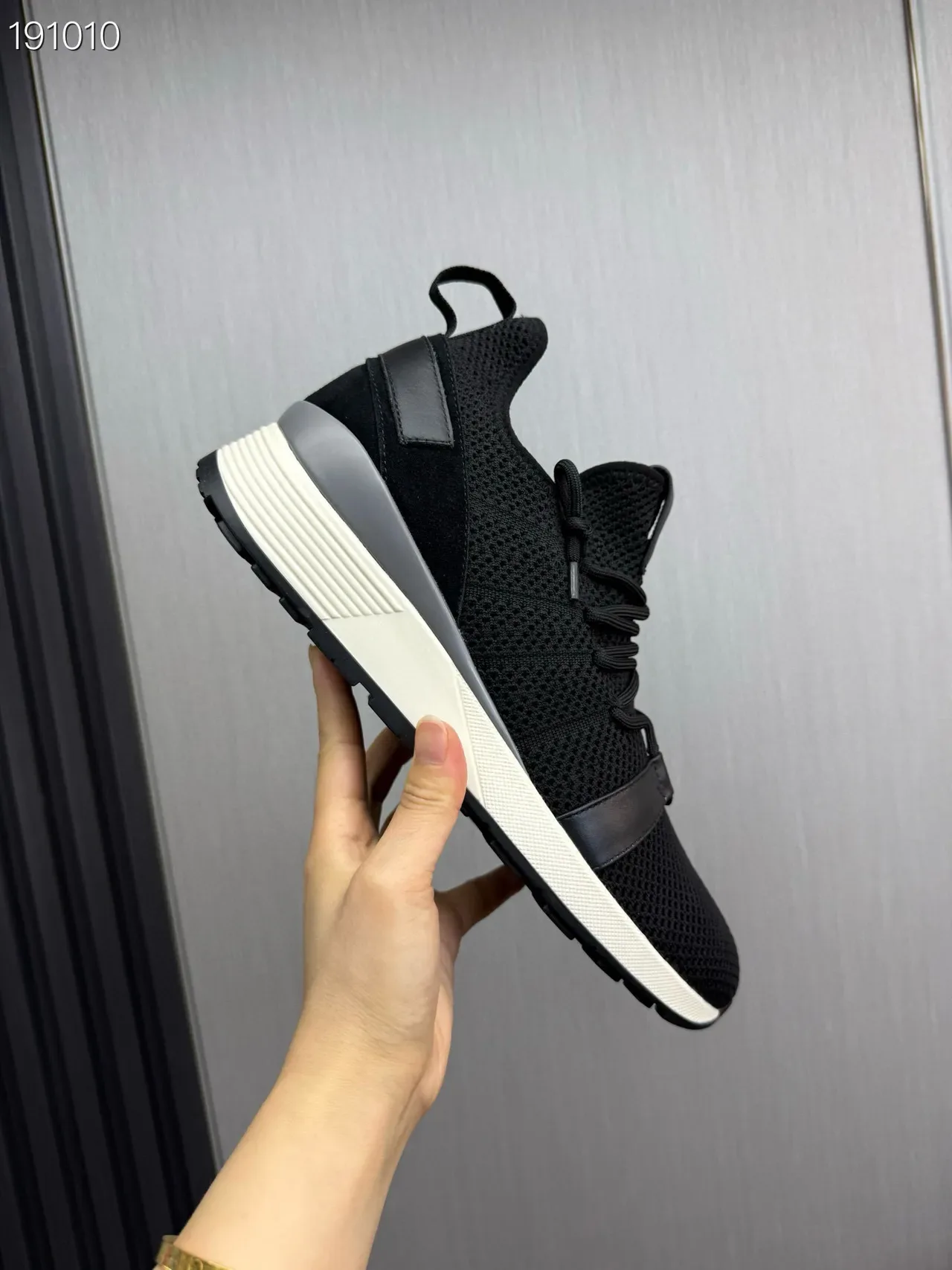 Black White Knit Upper Synthetic Strap Detail Sneakers 6