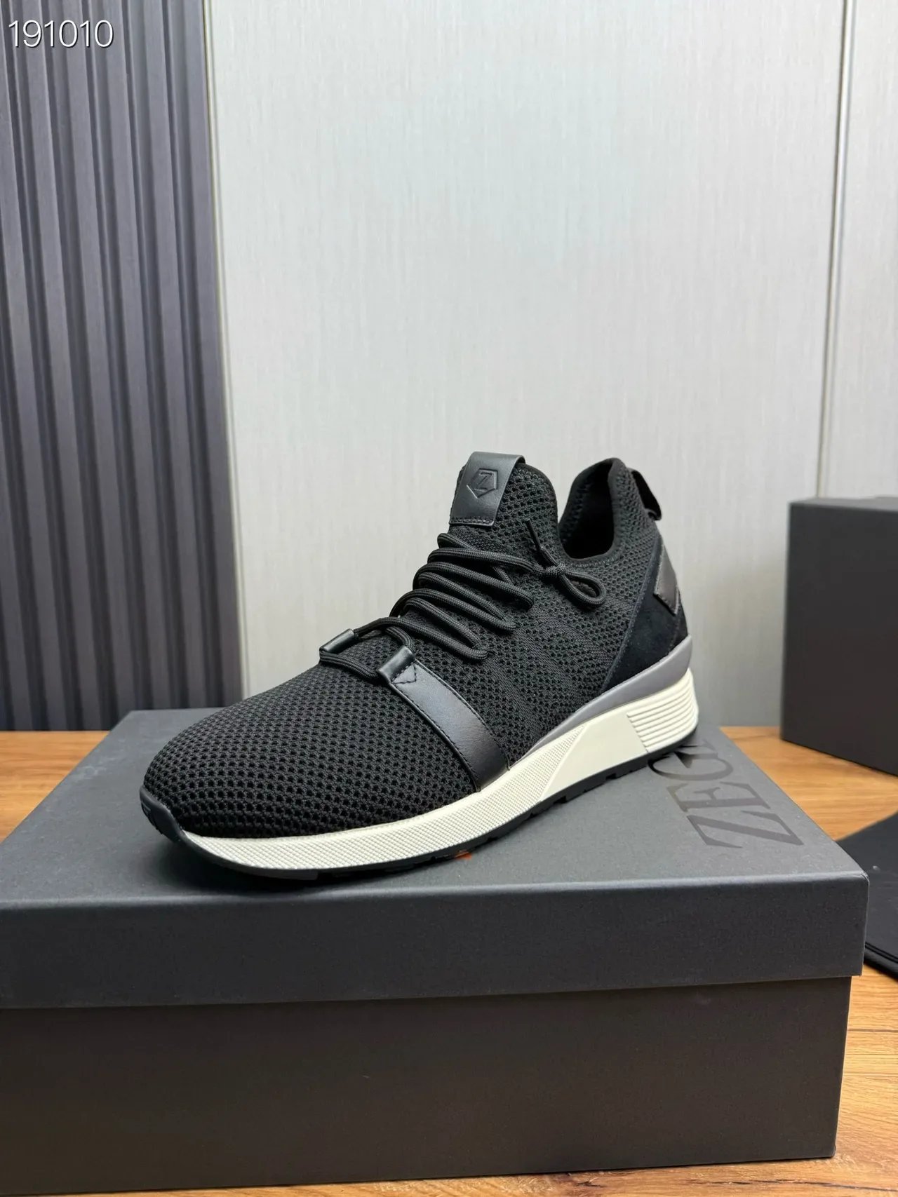 Black White Knit Upper Synthetic Strap Detail Sneakers 7