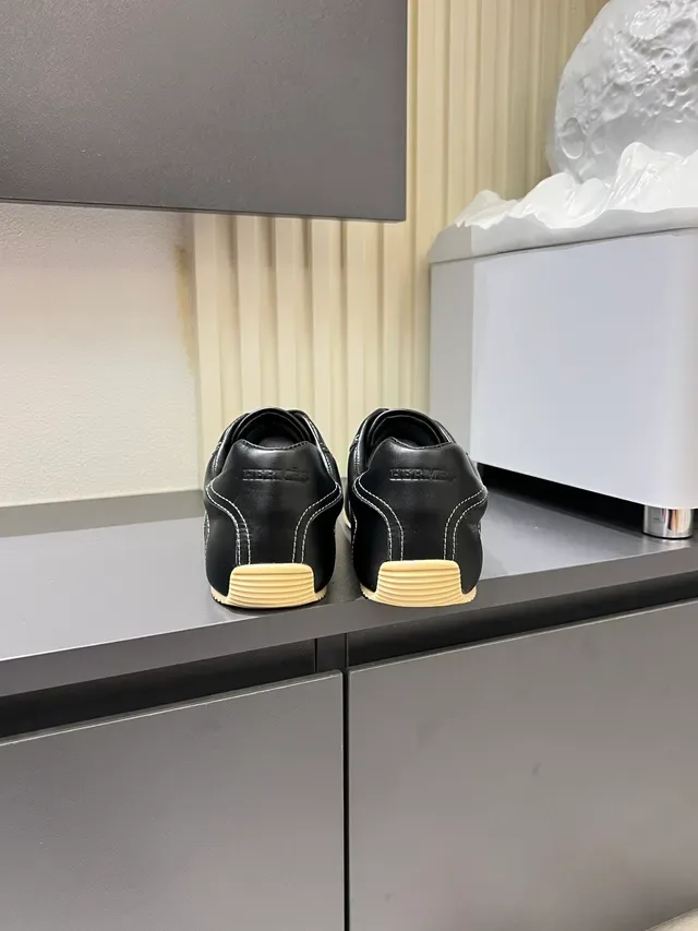 Black White Leather Contrast Stitching Sneakers 2