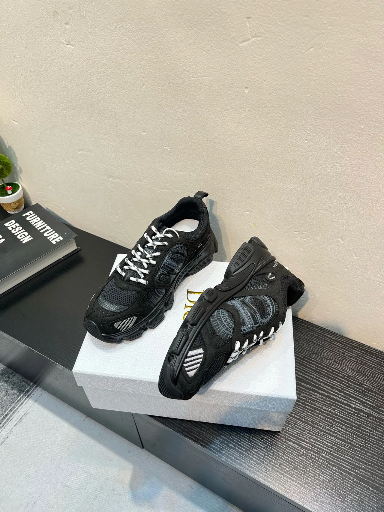Black White Sole Mesh-Suede Hybrid Upper Chunky Sneakers 4