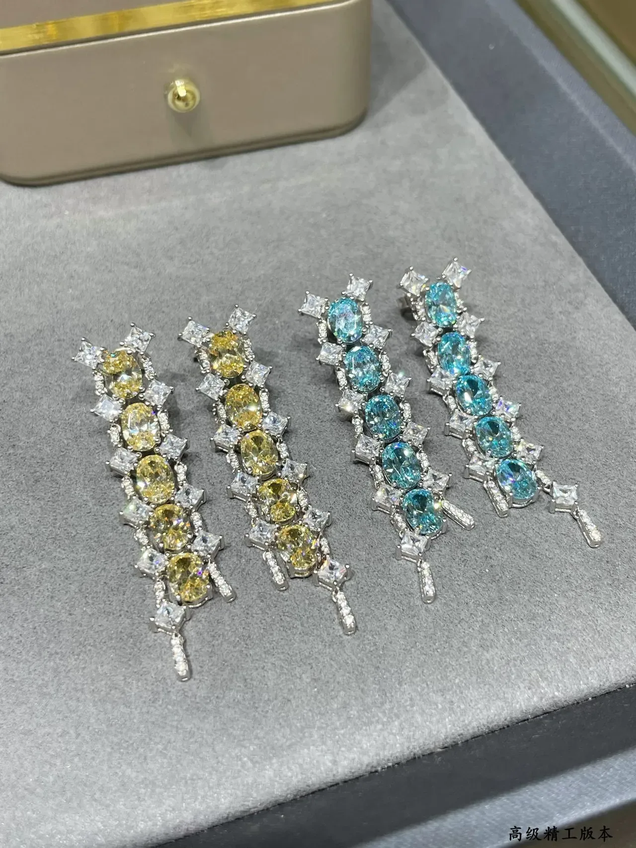 Blue and Clear Stone Cascade Dangle Earrings 5