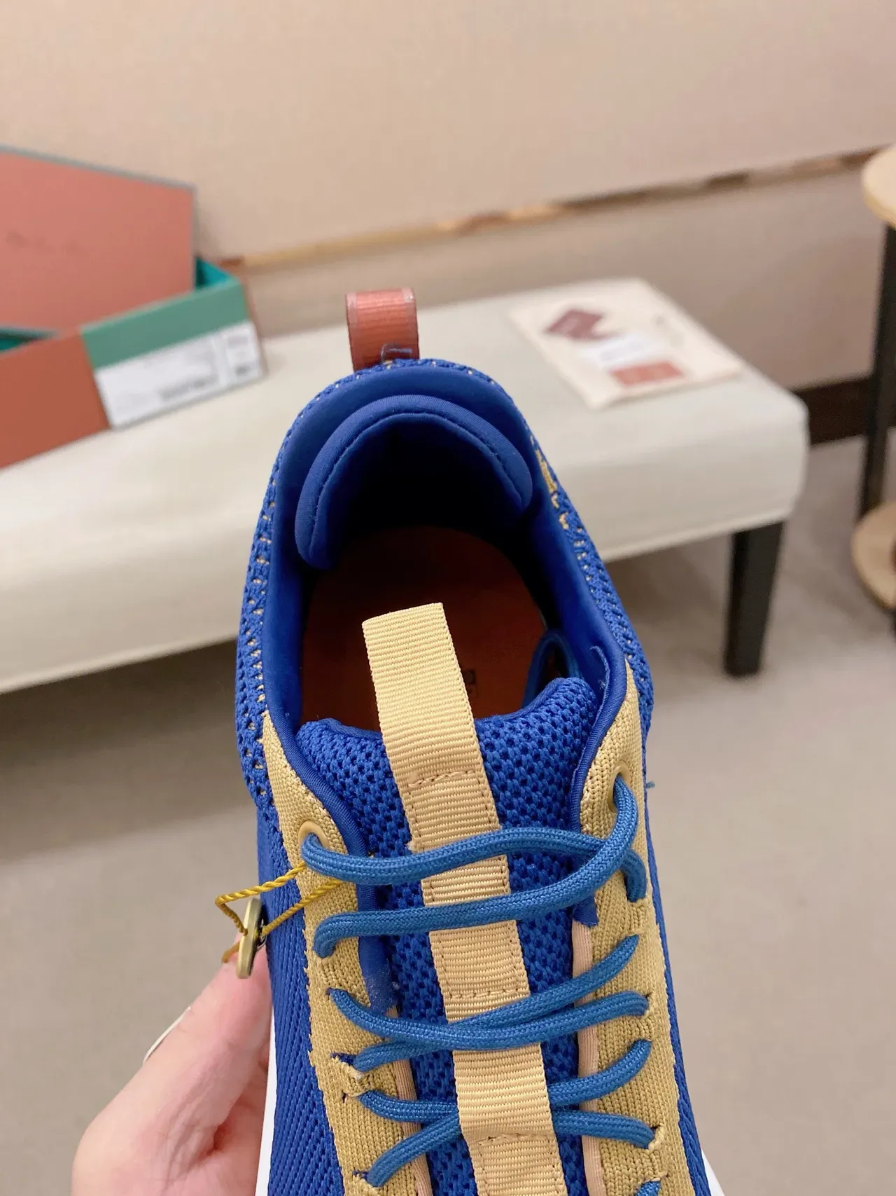 Blue Beige Knit Two-Tone Upper Sculpted White Midsole Sneakers 4