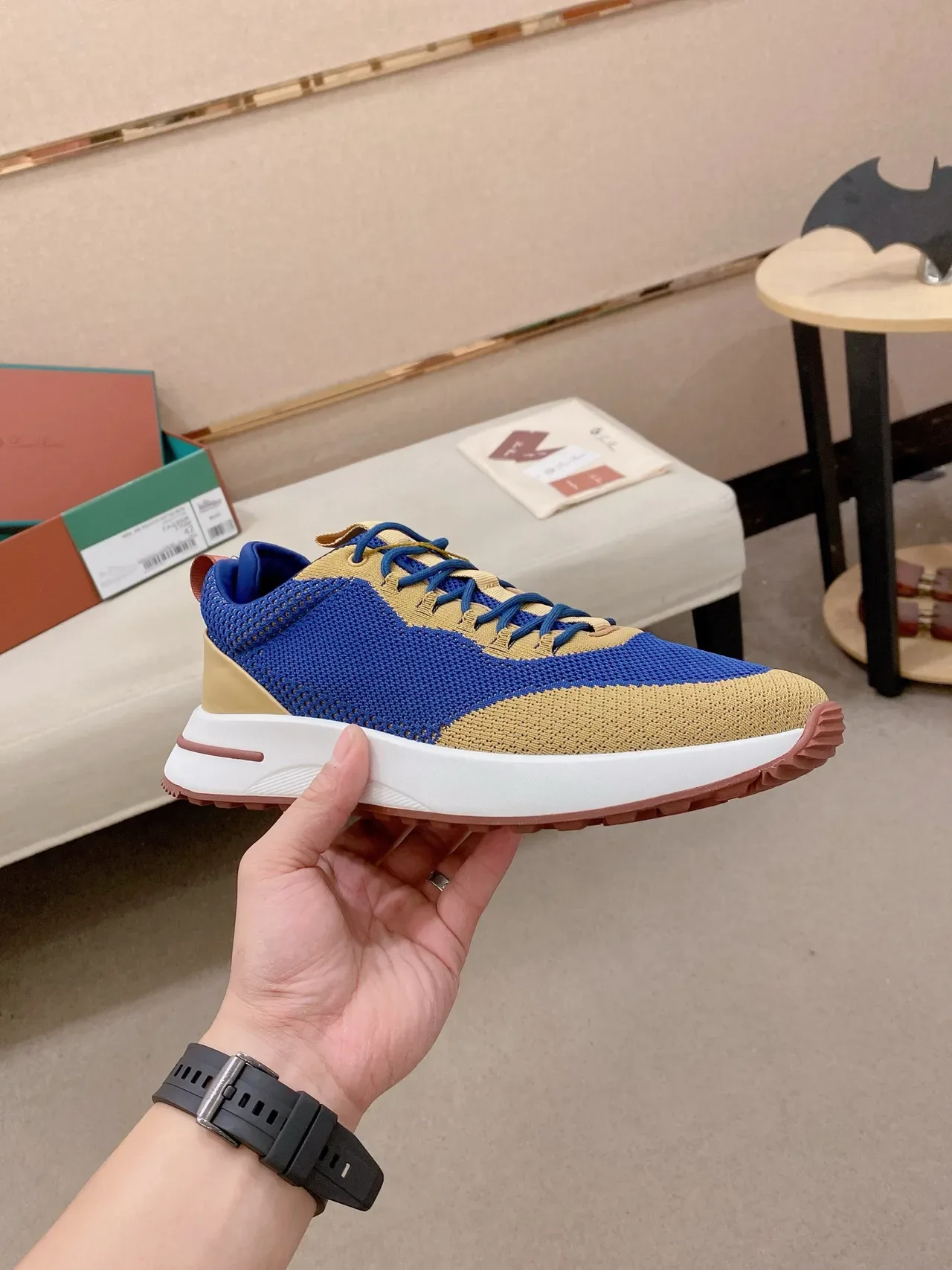 Blue Beige Knit Two-Tone Upper Sculpted White Midsole Sneakers 5