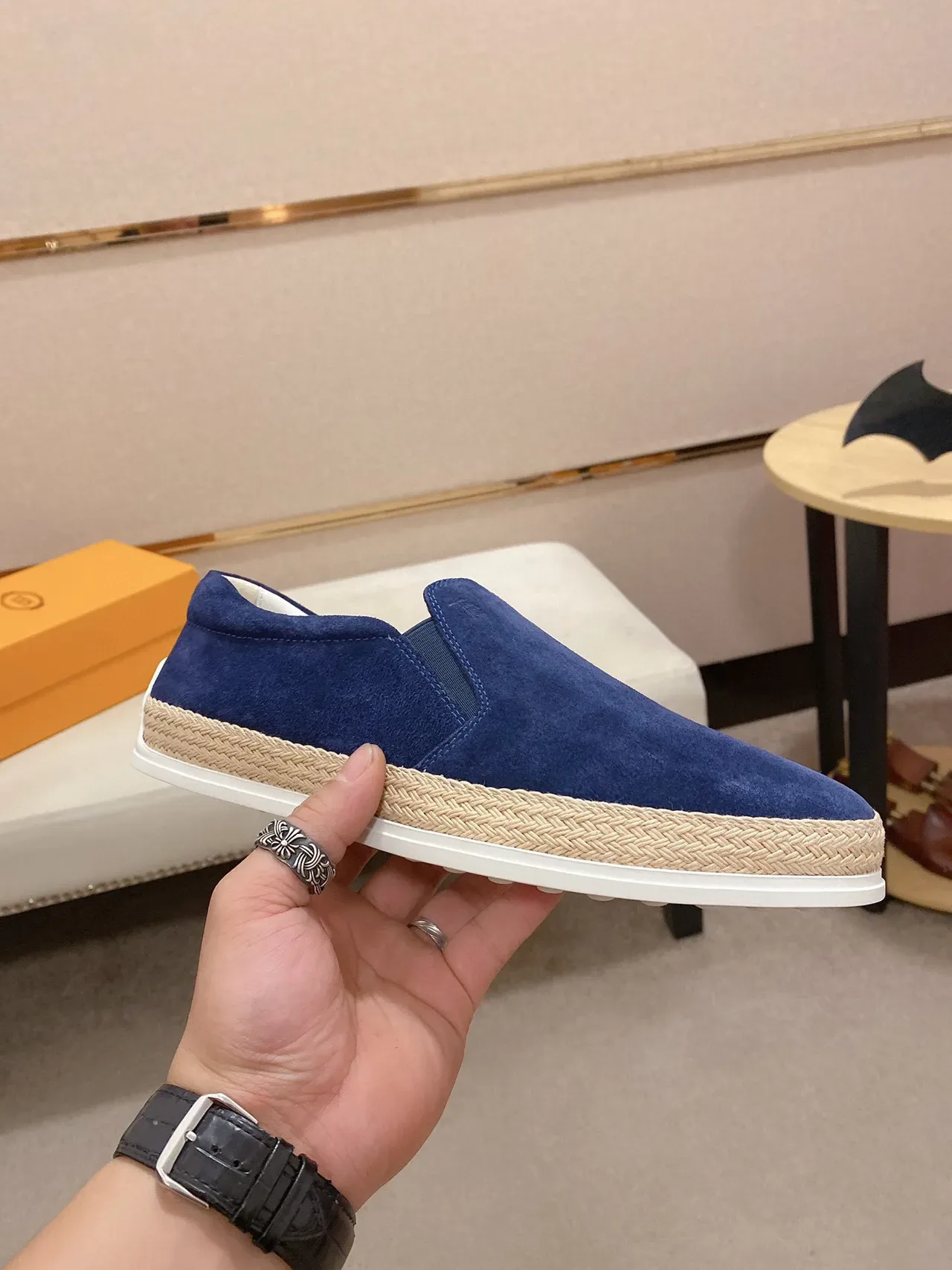 Blue Beige Suede Upper Espadrille Sole Boat Shoes 5