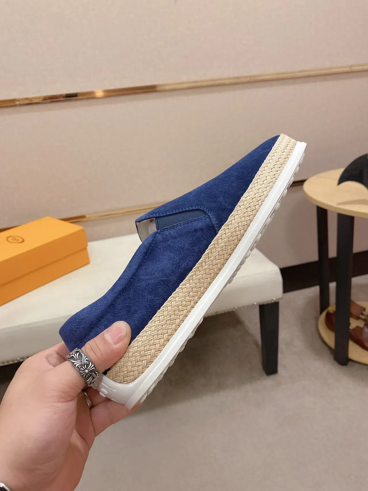 Blue Beige Suede Upper Espadrille Sole Boat Shoes 6