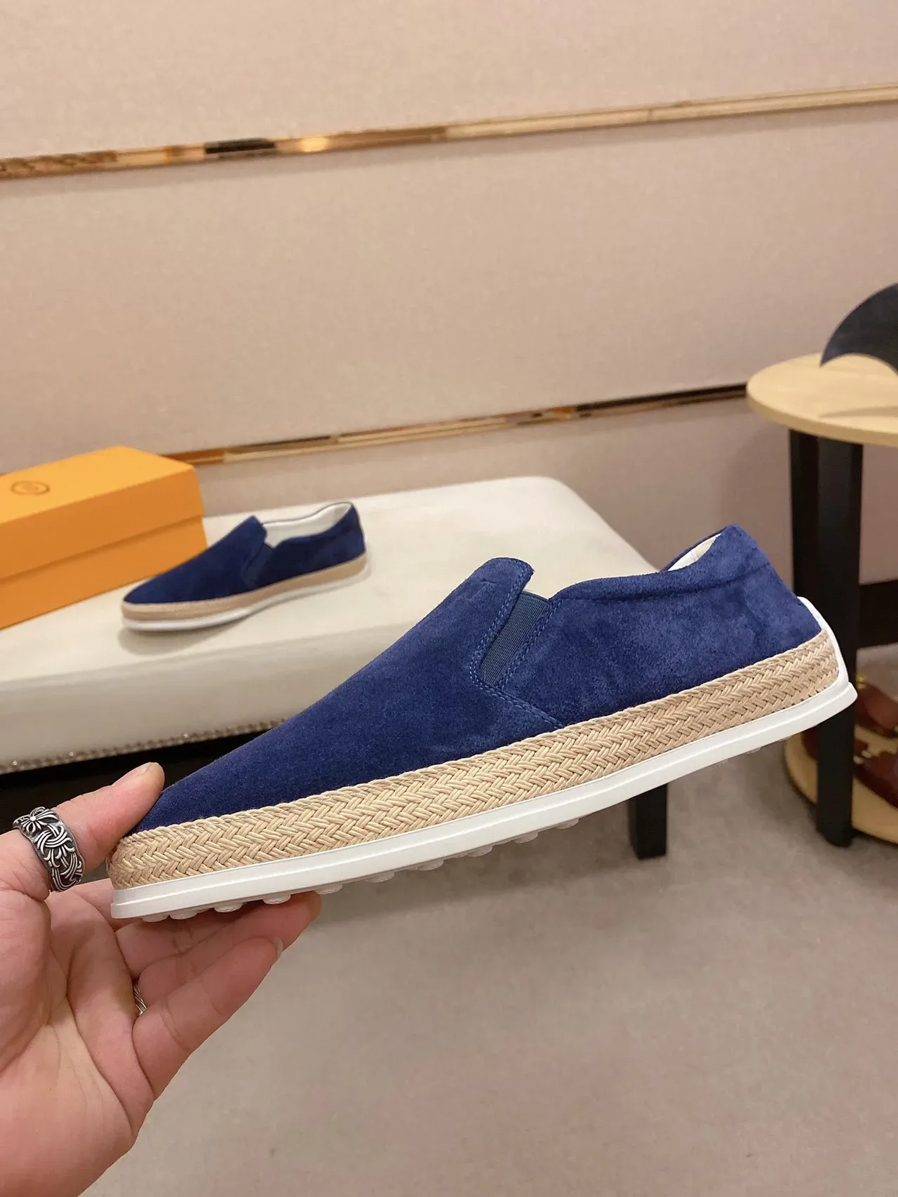 Blue Beige Suede Upper Espadrille Sole Boat Shoes 7