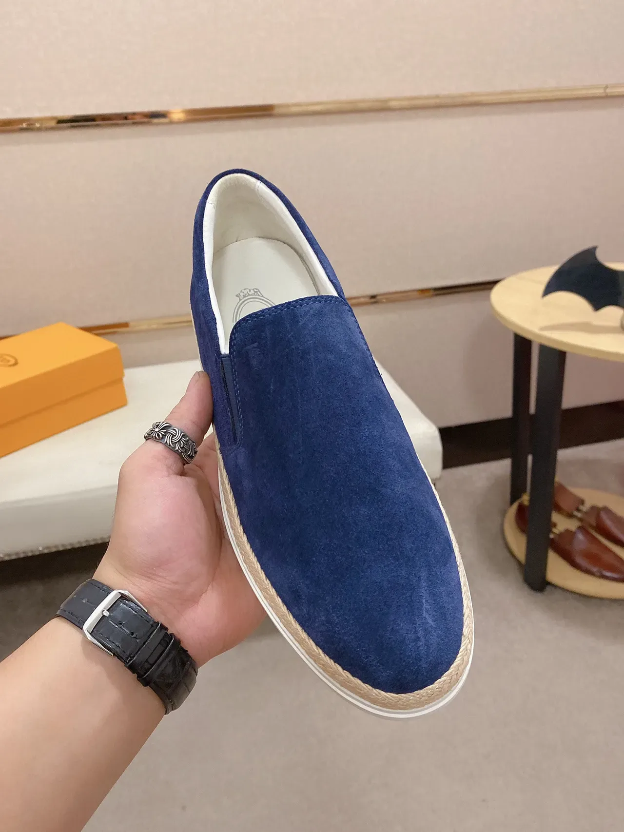 Blue Beige Suede Upper Espadrille Sole Boat Shoes 8