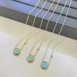 Blue Gold Floral Enamel Pendant Circular Bezel Setting Necklace