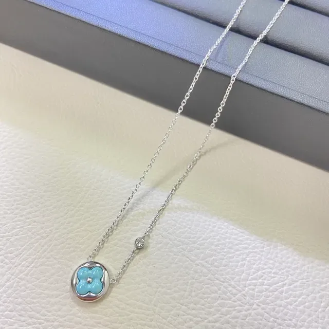 Blue Gold Floral Enamel Pendant Circular Bezel Setting Necklace 3