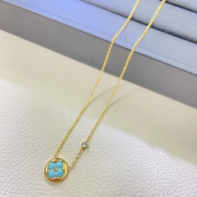 Blue Gold Floral Enamel Pendant Circular Bezel Setting Necklace 4