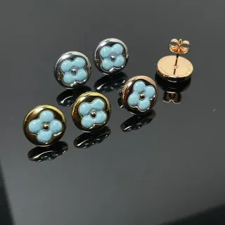 Blue Gold Round Stud Enamel Flower Earrings