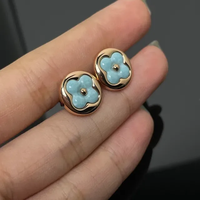 Blue Gold Round Stud Enamel Flower Earrings 3