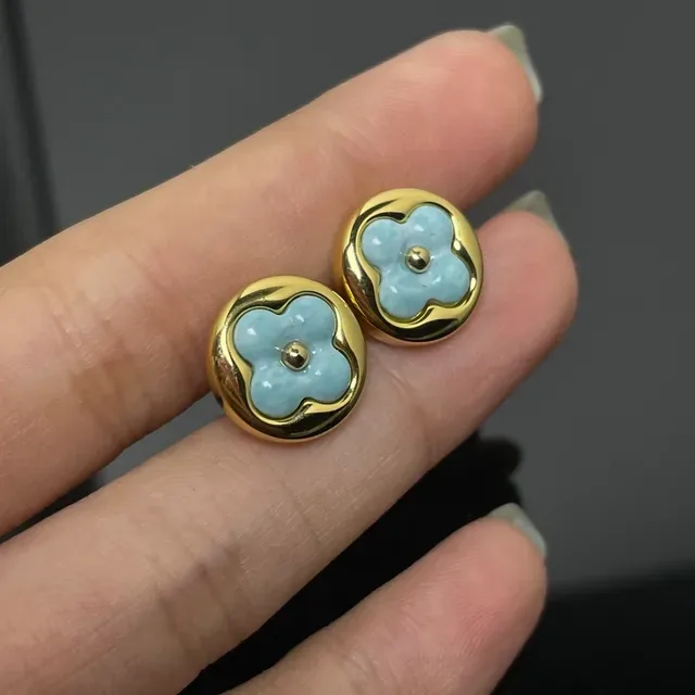 Blue Gold Round Stud Enamel Flower Earrings 4